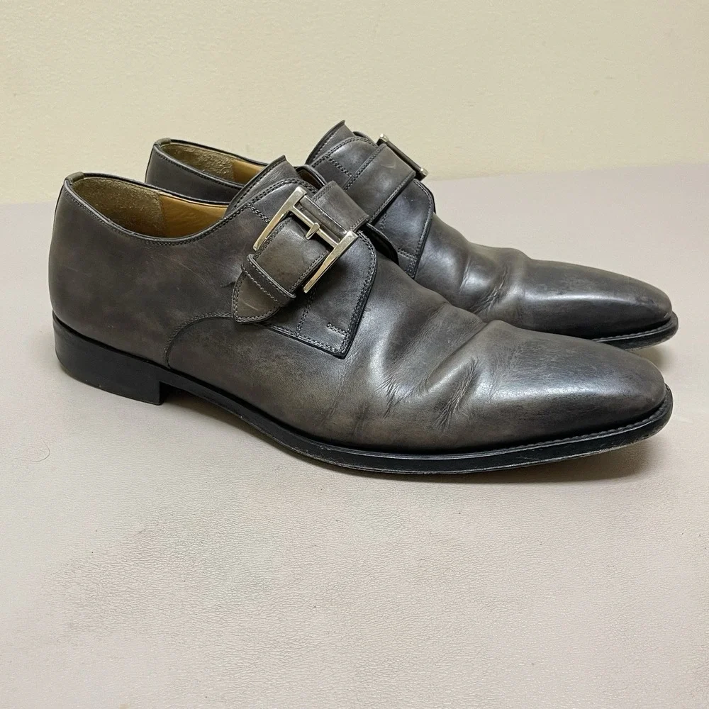 Magnanni Monk Strap Dress Shoes Men 9 M Gray Leather Buckle Brogue Oxford Loafer